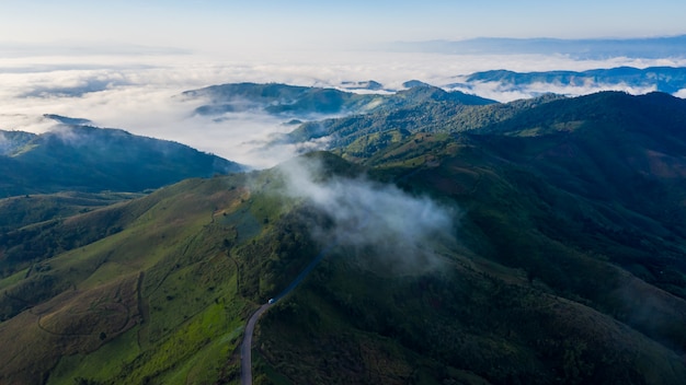 The morning time sea fog on the mountain beautiful landmark chiang rai Thailand 