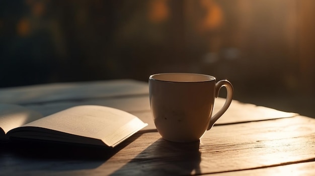 Morning tranquility A blank ceramic mug and book on a wooden table serene start to the day