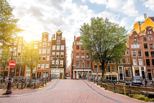 Morning view on the beautiful buildings on the red light district in Amsterdam