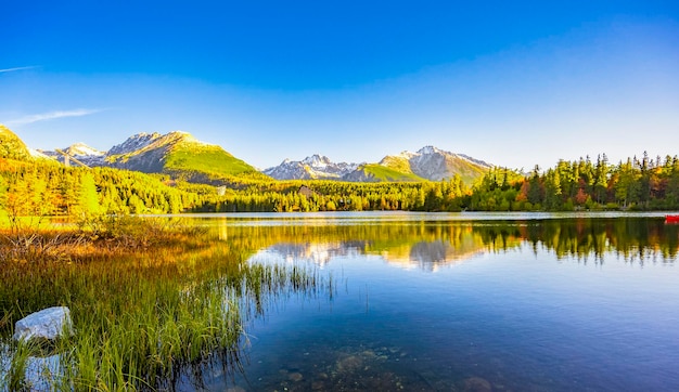 Morning view on Lake Strbske pleso Strbske lake in High Tatras National Park Slovakia landscape Europe