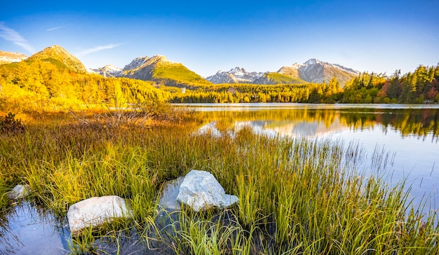 Morning view on Lake Strbske pleso Strbske lake in High Tatras National Park Slovakia landscape Europe