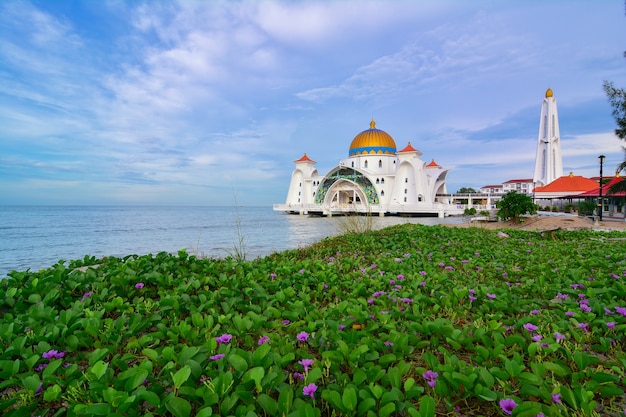 Morning view at Malacca Straits Mosque ( Masjid Selat Melaka), It is a mosque located on the man-made Malacca Island near Malacca Town, Malaysia