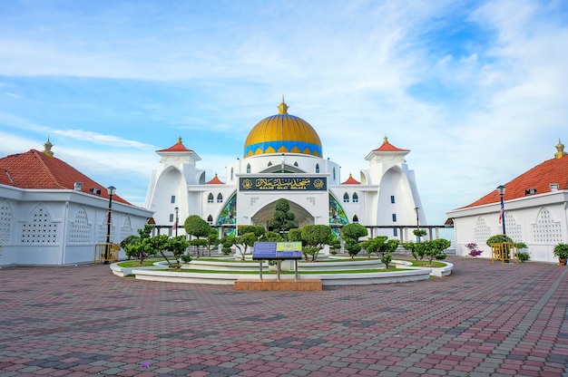 Morning view at Malacca Straits Mosque ( Masjid Selat Melaka), It is a mosque located on the man-made Malacca Island near Malacca Town, Malaysia