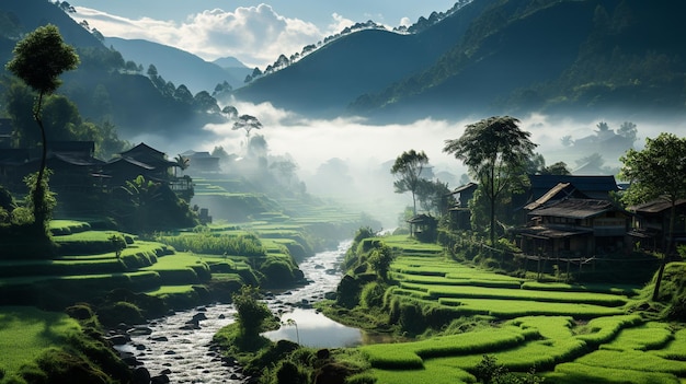 morning view rice field in bali indonesia