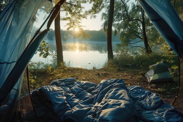 Photo morning wakeup camping in the woods with a lake view