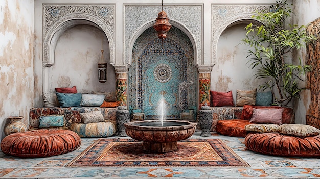 Photo moroccan courtyard with a fountain and colorful pillows