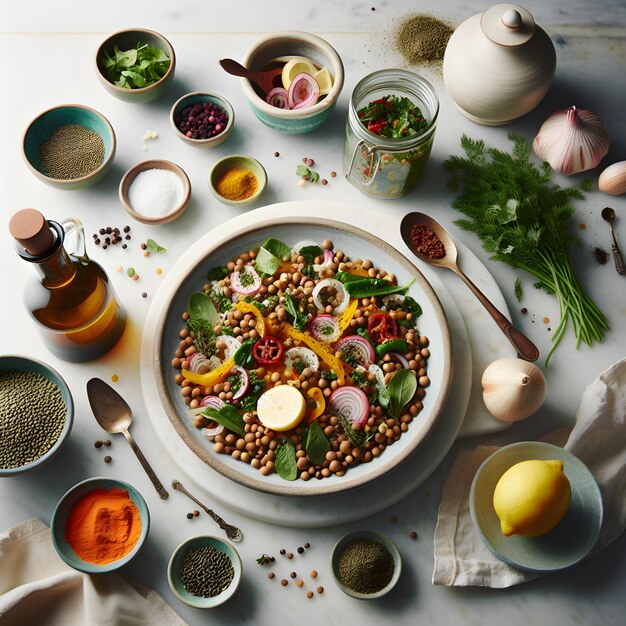 Moroccan Lentil Salad with Herbs on White Marble Counter