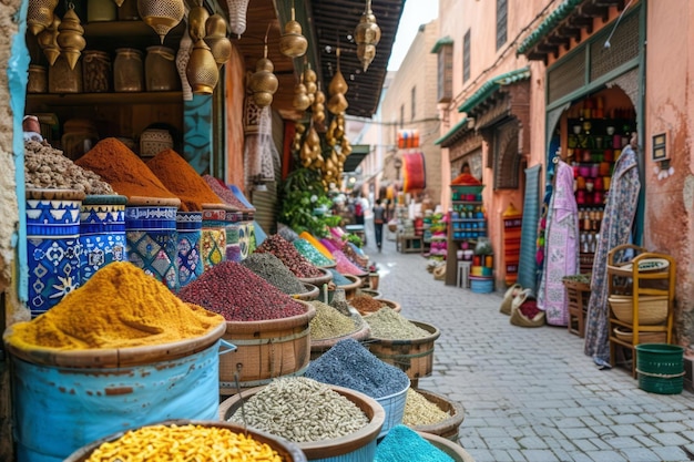 Moroccan souk vibrant market with spices textiles bustling trade and cultural mosaic