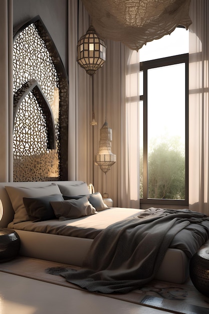 Moroccan style bedroom interior with modern bed in luxury house