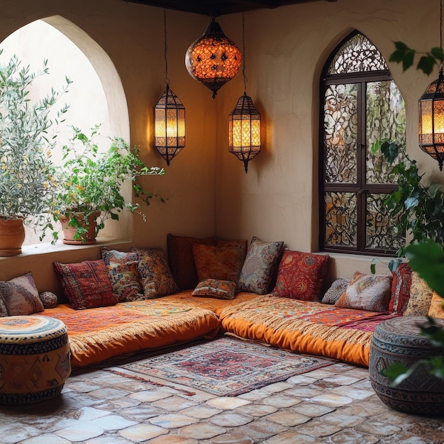 Photo moroccan style seating area with lanterns and pillows