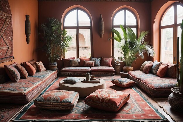 Moroccaninspired sitting room with floor cushions and intricately patterned rugs