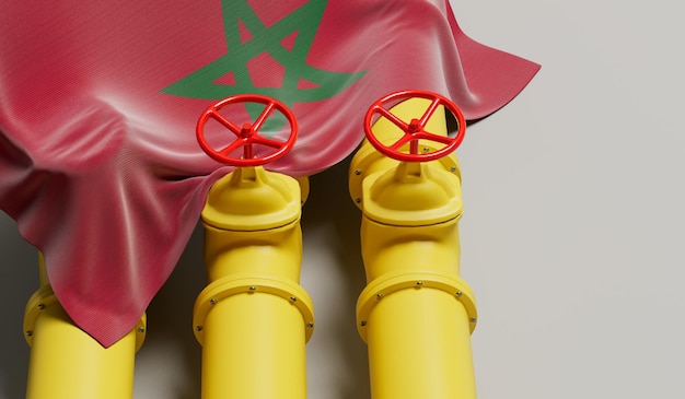 Morocco flag covering an oil and gas fuel pipe line Oil industry concept 3D Rendering