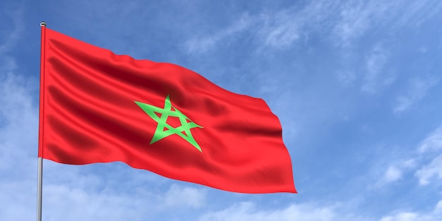 Morocco flag on flagpole on blue sky background Moroccan flag waving in wind on a background of sky with white clouds Place for text 3d illustration