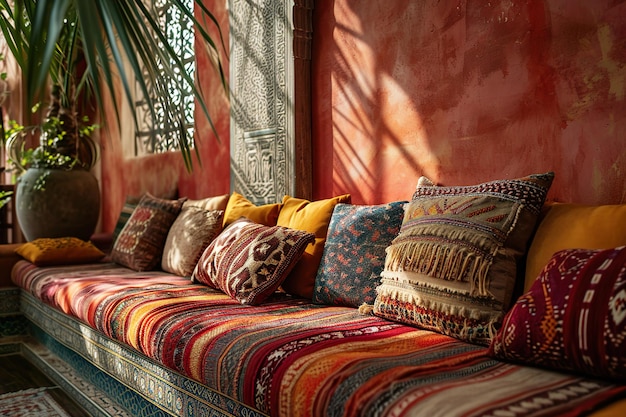 Morocco interior style Colorful asian pillows on the couch near wall with pattern