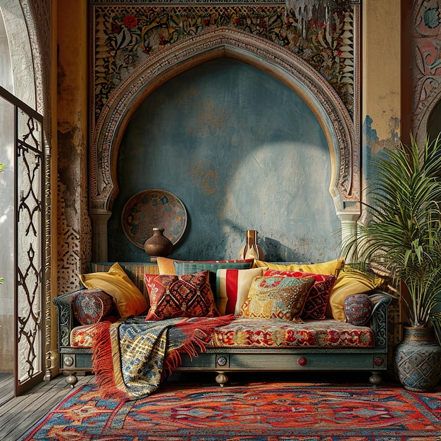 Morocco interior style Colorful asian pillows on the couch near wall with pattern