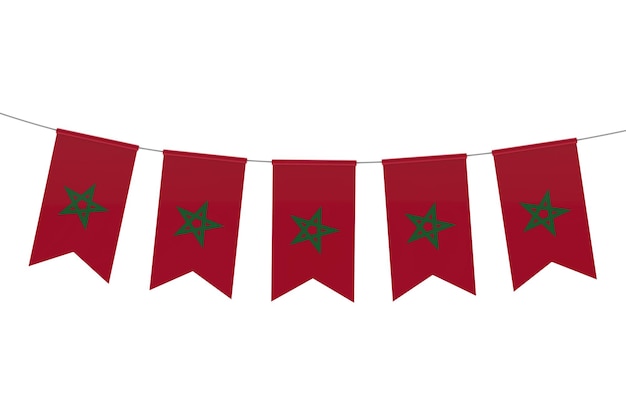 Morocco national flag festive bunting against a plain white background 3D Rendering