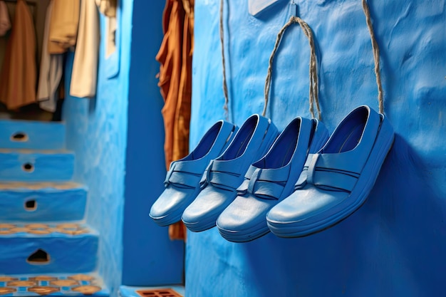 Morocco's Blue Building Traditional Moroccan Slippers for Sale at Souvenir Shop by the House's