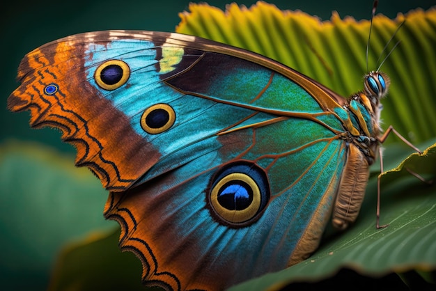 Morpho butterfly sitting on a green leaf Macro