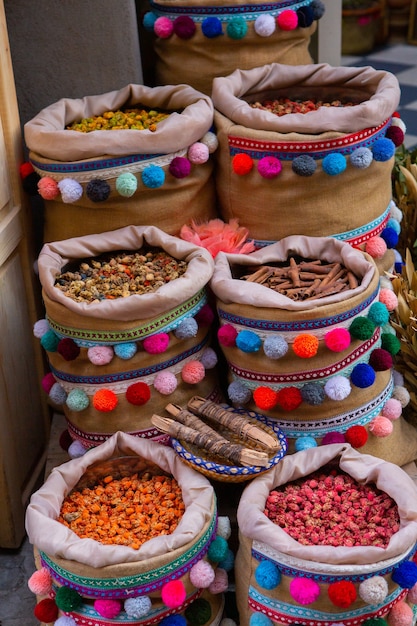 Morrocan local market on the streets with spices nuts fish fruits and vegetables