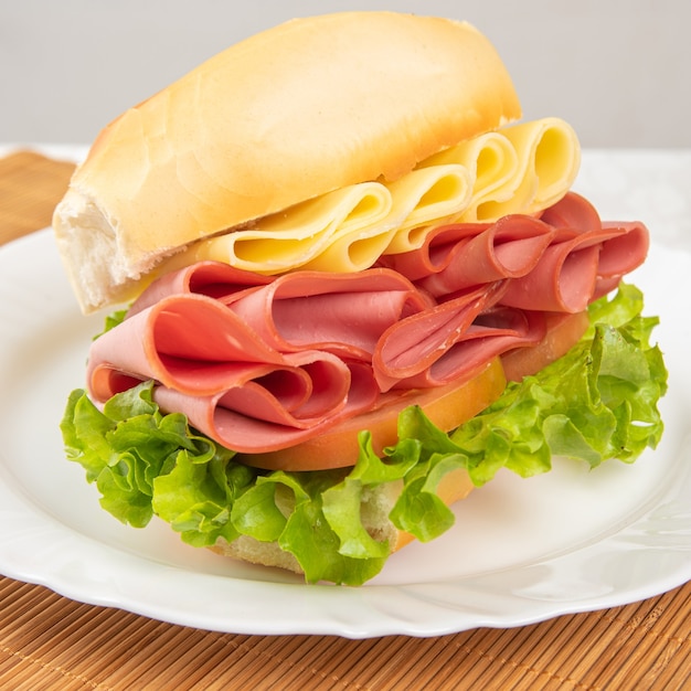 Mortadella and lettuce sandwich on a white plate