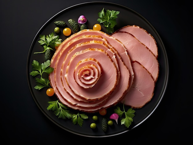 Photo mortadella slices on plate luncheon meat cut chicken ham boiled sausage for breakfast mortadella slices