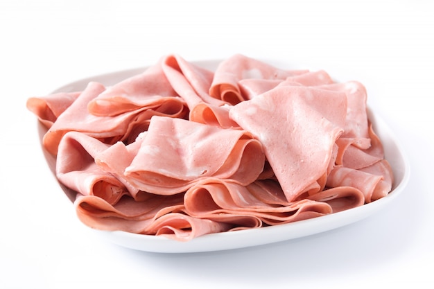 Mortadella slices on white plate isolated