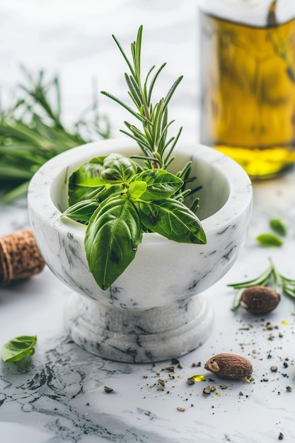 Photo a mortar bowl filled with rosemary and basil leaves next to a bottle of olive oil