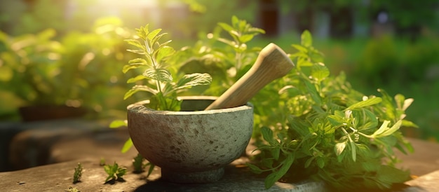 Mortar with pestle medical plant and sunshine