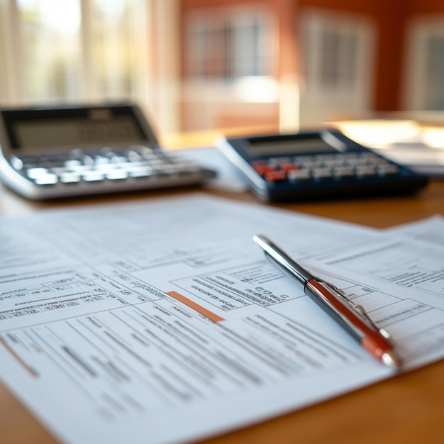 A mortgage application being reviewed on a desk with financial documents and calculators