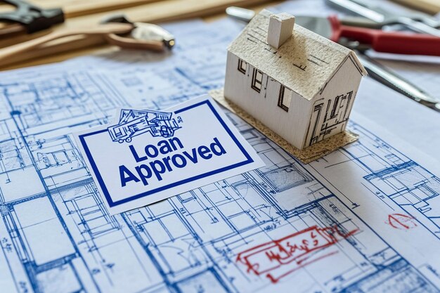 Photo mortgage approval for home construction securing your approved loan with detailed house blueprints