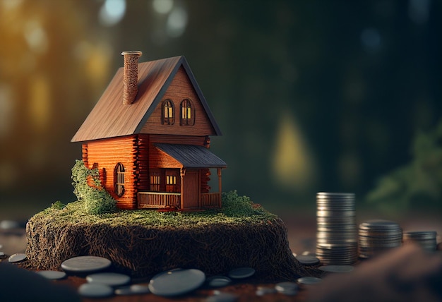 Mortgage concept by money house from coins on wooden table generative ai