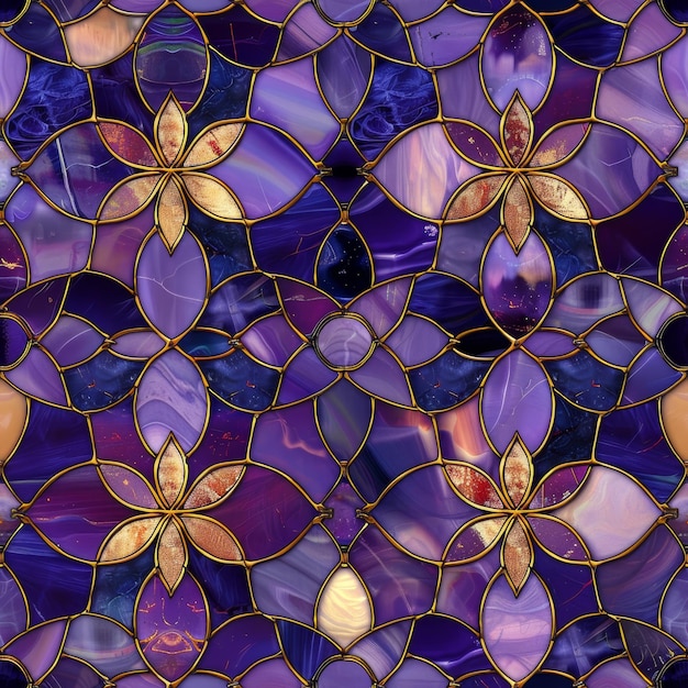 Photo mosaic background with gold and purple floral elements in stained glass window