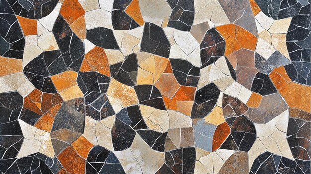 a mosaic of black and brown tiles with a black and orange pattern