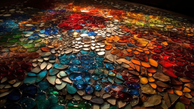 A mosaic of broken glass is displayed on a table.