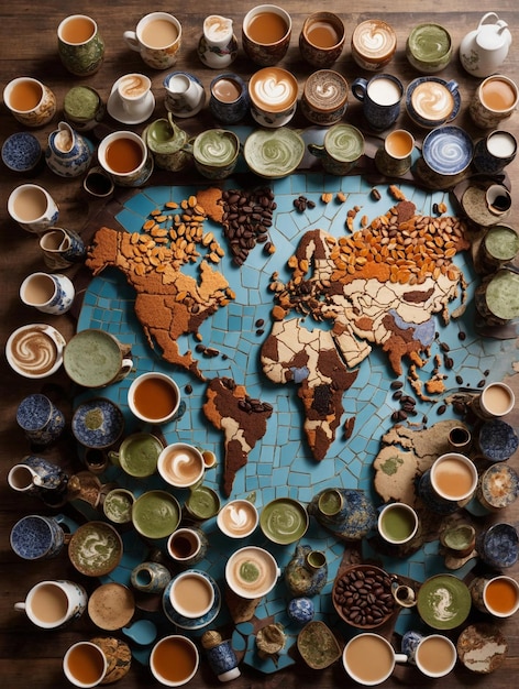 Mosaic of Coffee Cups with a world map background Generated by AI