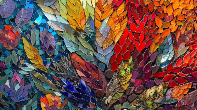 Mosaic of colorful leaves in the wind looks like phoenixs tail