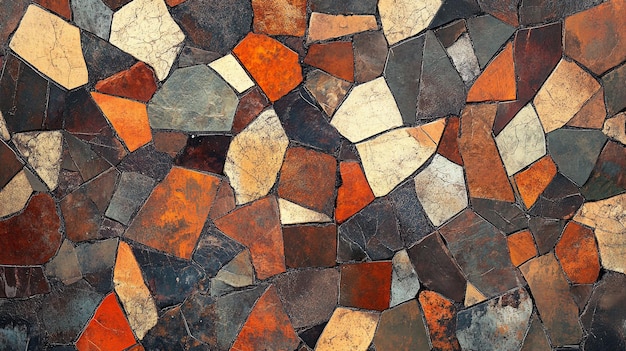 a mosaic of different colored stones with a brown and orange pattern