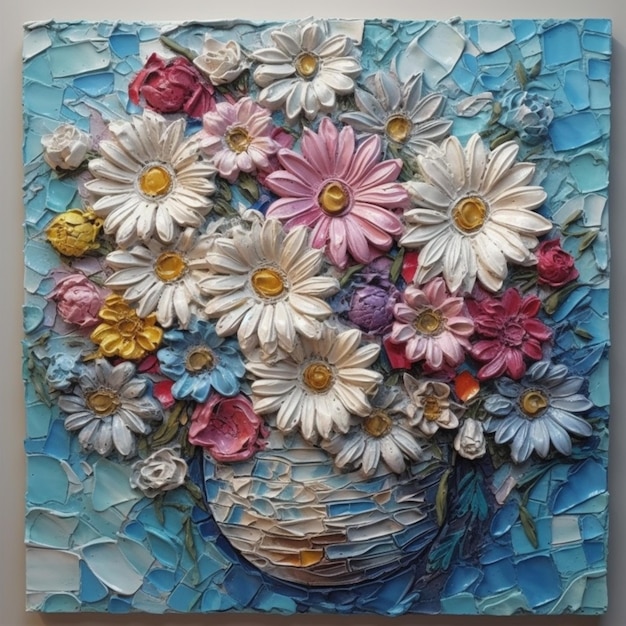 A mosaic of flowers is displayed on a wall.