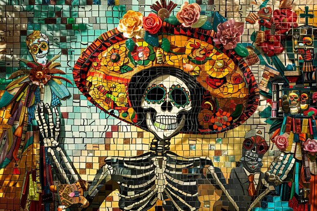 a mosaic of flowers and a skull with a skull on it