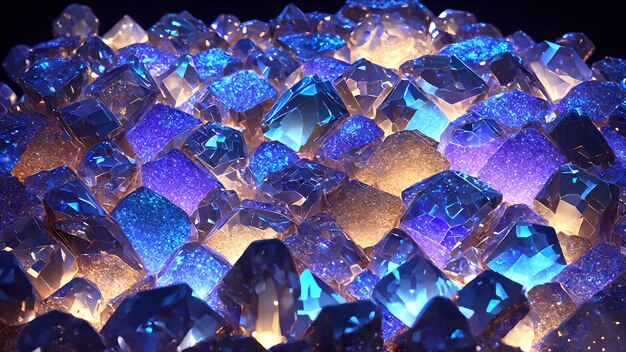 Photo mosaic of luminous crystals with light refractions background 3d wallpaper