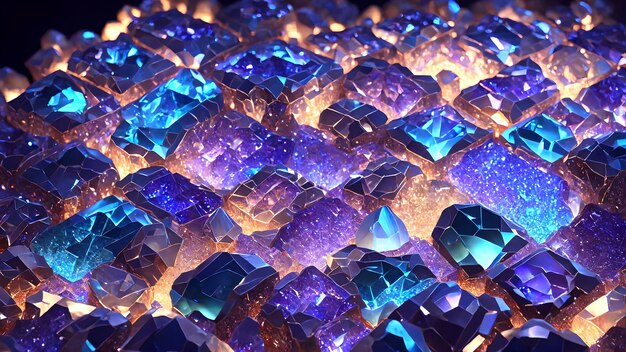 Photo mosaic of luminous crystals with light refractions background 3d wallpaper