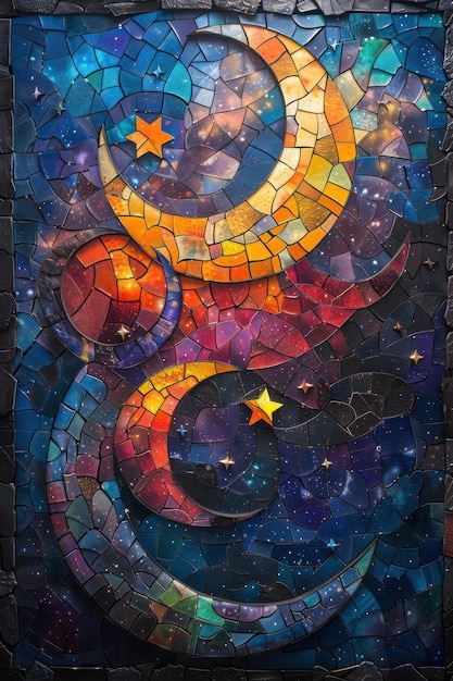 Mosaic Night Sky with Crescent Moons