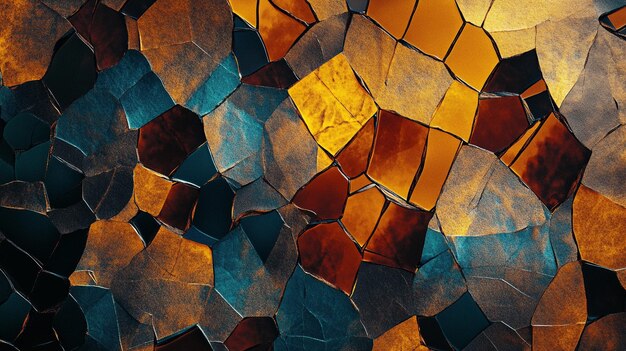 a mosaic of orange and blue glass with a gold pattern