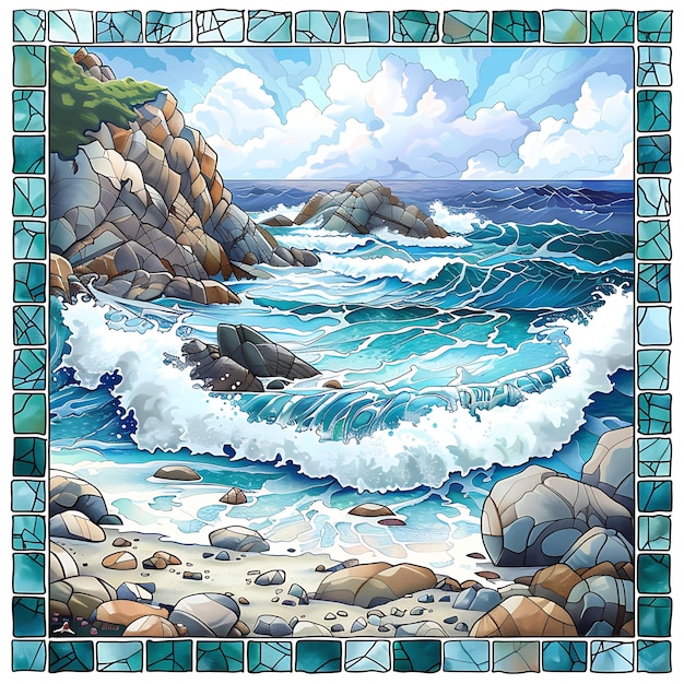 a mosaic of rocks and waves with the ocean in the background