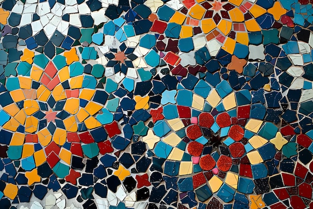 A mosaic tile pattern with intricate mosaic tiles in vibrant colors