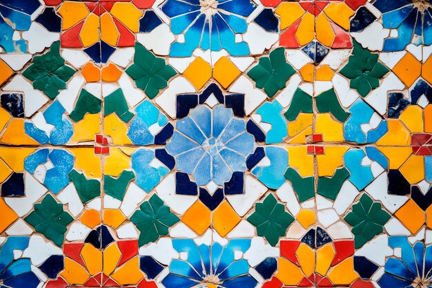 a mosaic with a blue flower and yellow center