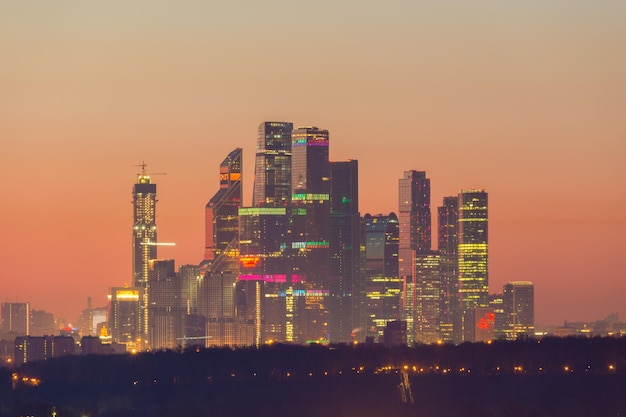 Moscow City Business Center at Sunrise Twilight. Pink Clear Sky.  Russia