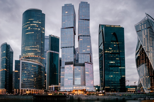 Moscow city towers in the night time. Business buildings. City view.