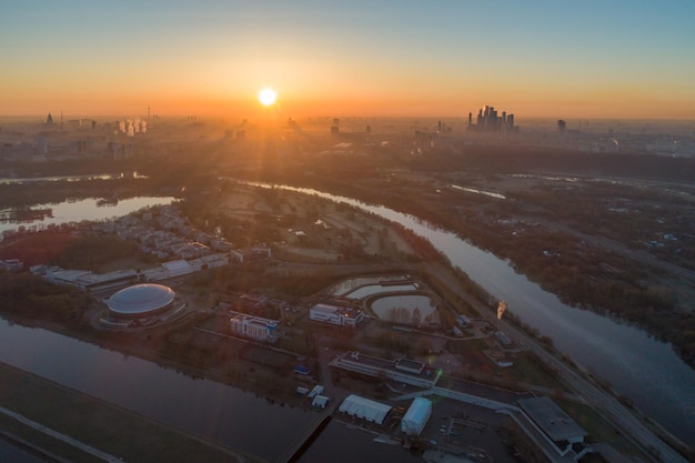 Moscow Cityscape at Sunrise in Morning Haze. Aerial View. Russia