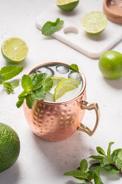 Moscow mule cocktail with lime and mint